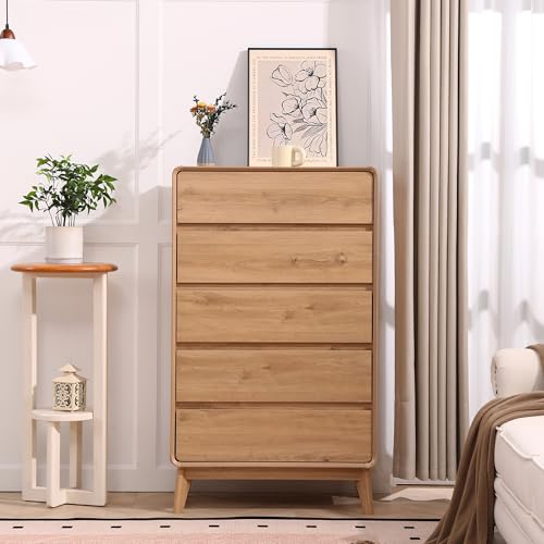 5 Drawers Tall Dresser, 50inch Mid Century Dresser, Nature | Kids Dresser, Tall Nightstand Storage Organizer for for Bedroom, Small Dresser Living Room, Console table for Entryway