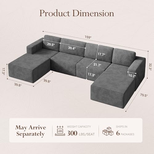 Vesgantti 159" Large Modular Sectional Sofa, U-Shaped Corduroy Cloud Couch with Deep Seats & Spring Support, 4-Seater Boneless Sofa with 2 Movable Ottomans, No Assembly Needed, Grey - color: 159" - 4 Seater + 2 Ottoman Grey