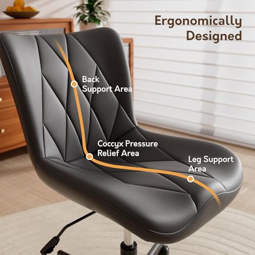 Armless Desk Chair, Morden Home Office Chair no Arms, Adjustable Height & Rocking Computer Chair, PU Leather Vanity Chair, Ergonomic Seat Soft Padded Desk Chairs for Home Small Space, Black - color: Black