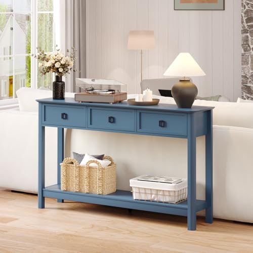 Treocho 53.1" Console Table with 3 Drawers, Sofa Table Behind Couch, 2 Tier | Long Entryway Table with Storage, Modern, For Hallway, Living Room, Blue - color: Blue