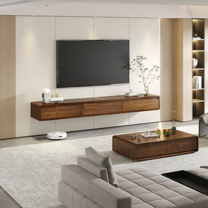Fully-Assembled Minimalist Floating TV Stand, Modern Wall Mounted TV Console with Cable Management, Scratch-Resistant Solid Wood Media Cabinet for Living Room and Bedroom (Wood, 55.12in) | Wood Finish. Supports 200lbs, hidden cable management & storage. S
