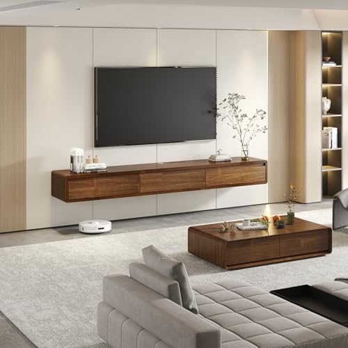Fully-Assembled Minimalist Floating TV Stand, Modern Wall Mounted TV Console with Cable Management, Scratch-Resistant Solid Wood Media Cabinet for Living Room and Bedroom (Wood, 55.12in) | Wood Finish. Supports 200lbs, hidden cable management & storage. S