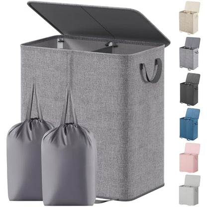 Lifewit Double Laundry Hamper with Lid and Removable Laundry Bags, Large Collapsible 2 Dividers Dirty Clothes Basket with Handles for Bedroom Laundry Room Closet Bathroom College, 155L Grey - color: Gray, size: 155L