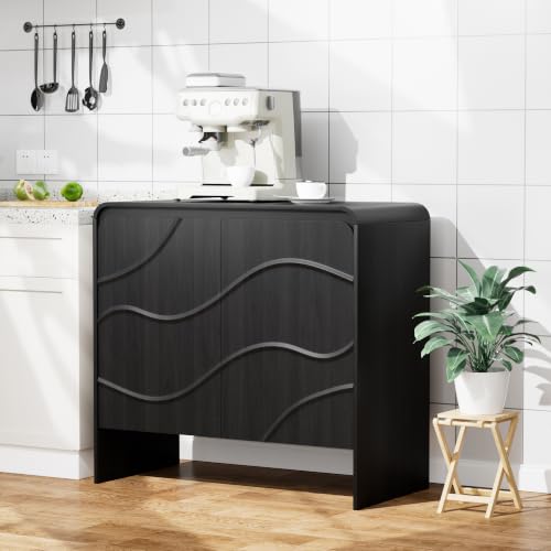 Godchoices 31.5'' Small Sideboard Buffet Cabinet with Storage,Modern Farmhouse Accent Credenza with Wavy Doors & Adjustable Shelf, Console Cabinet for Kitchen,Living Room,Dining Room,Entryway,Hallway - color: Black