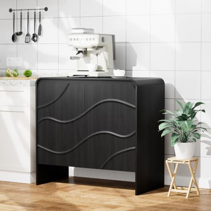 Godchoices 31.5'' Small Sideboard Buffet Cabinet with Storage,Modern Farmhouse Accent Credenza with Wavy Doors & Adjustable Shelf, Console Cabinet for Kitchen,Living Room,Dining Room,Entryway,Hallway - color: Black