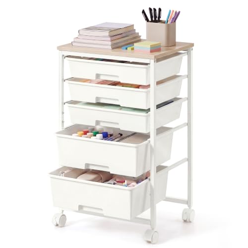 VASAGLE 5-Drawer Rolling Storage Cart, Mobile Organizer Trolley with Wood Top and Metal Frame, for Craft Room, Office, 15.6 x 11.2 x 24.8 inch, White, Benco Collection ULRC005W101 - color: White, size: 5 Drawer