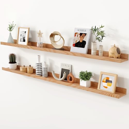 Oak Picture Ledge Shelf, 55 Inch Floating Shelves Set of 2, Solid Oak Wood Wall Shelves with Lip, Wall Decor Storage for Bedroom Living Room Bathroom Kitchen Nursery Photo Picture, Natural Oak - color: Nature, size: 55inch