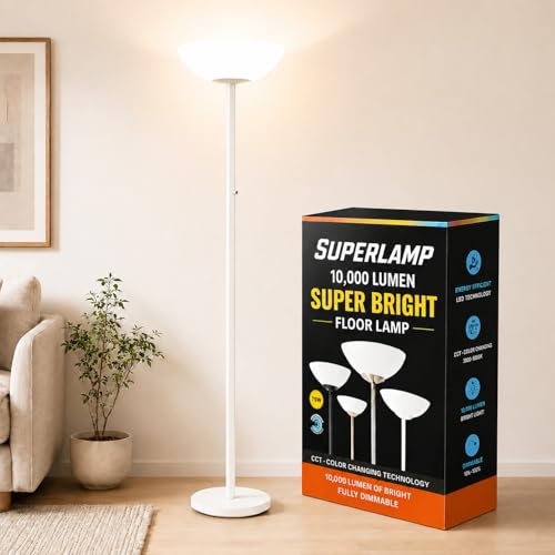 Modern Floor Superlamp 10000 Lumen - LED 75W, Dimmable 5 Changing Color, 85 CRI All Around Light, Tall Corner Standing Lamp with Cement Base and Acrylic Shade, Glare Free UpLight Kit Ready - White - color: White