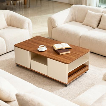 Modular Coffee Table Set of 2 with Wheels, L-Shape Convertible Wood Center Table with Drawer, Modern Nesting Small End Tables for Living Room Apartment, Space Saving Flexible Layout