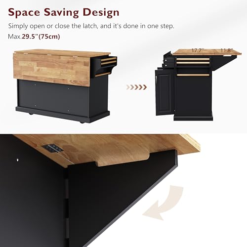 54inch Large Kitchen Island With Rubber Wood Drop Leaf,Embossed Texture Rolling Kitchen Cart On 4 Wheels With 4 Doors And 3 Drawers,Kitchen Island With Storage For Kitchen,Dining Room (Black-0t) - color: Black-0t)
