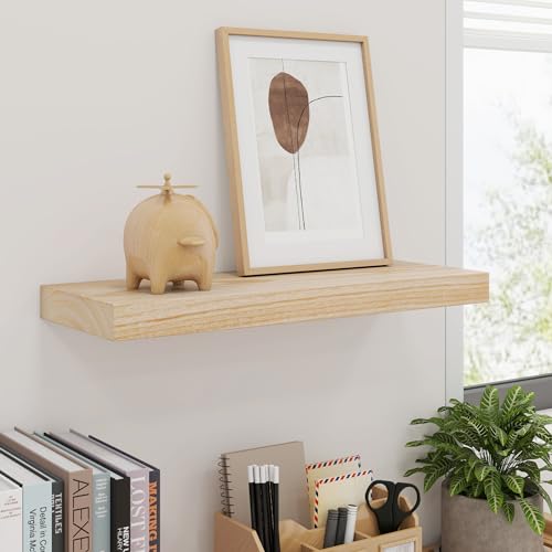 fuqing Natural Wood Floating Shelves, 17 Inch Wooden Wall Shelves Set of 3 | 6.7 Inch Deep Natural Wooden Shelves for Bathroom Living Room, Lightweight, 30LBS, Hardware Included, Waterproof Finish - color: Natural, size: 17 Inch