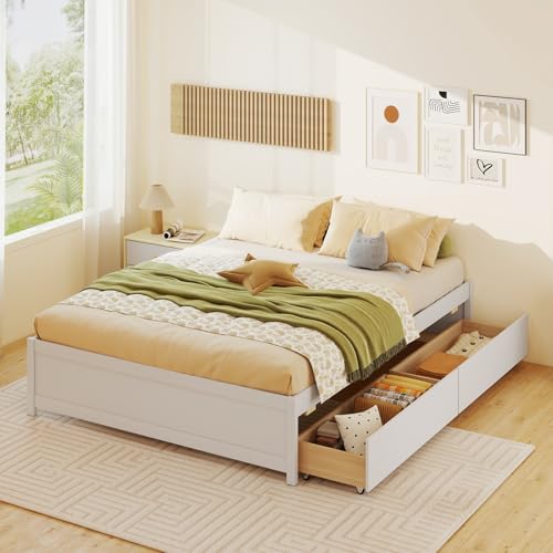 KOMFOTT Queen Size Wood Bed Frame with 2 Rolling Storage Drawers, Wooden Platform Bed Frame, Mattress Foundation with Wooden Slats Support, No Box Spring Needed (White) - color: White, size: Queen