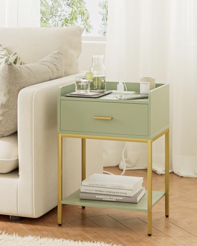 Masupu Nightstand with Charging Station,3-Tier Modern Bedside Night Stand with Storage Drawer and Shelf,Small End Side Table for Bedroom,Living Room,Gold and Green - color: Outlet-green
