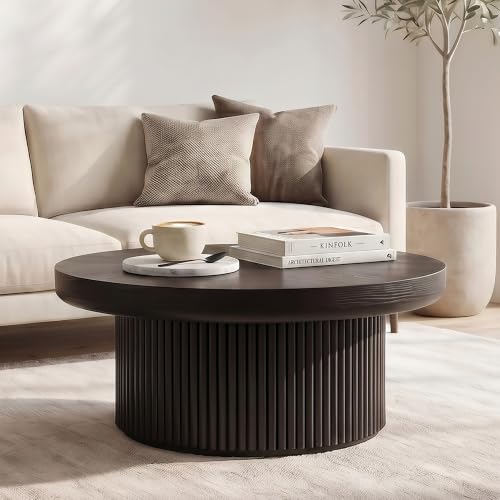 33.5" Round Coffee Table with Real Wood Parquet Top,Black | Mid-Century Modern Tea Table Center Table, Thickened Tabletop, Sturdy Base for living Room, Easy Assembly - color: E-33.5" Black