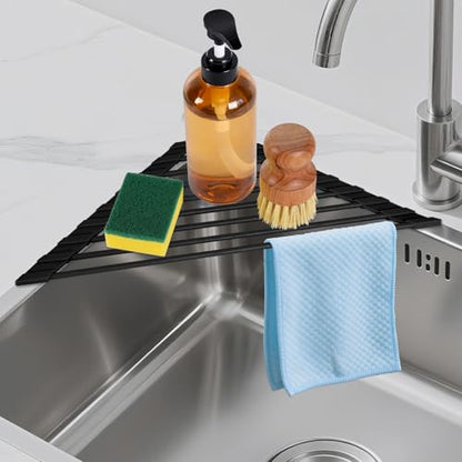 HANZENMA Triangular Sink Rack, Multi-Functional Rack Above the countertop, Foldable Sink Drying mat, Heat-Resistant, Non-Slip, and Rust-Proof Dish Rack (Black) - color: Black, size: Triangle: 15.8" x 9"