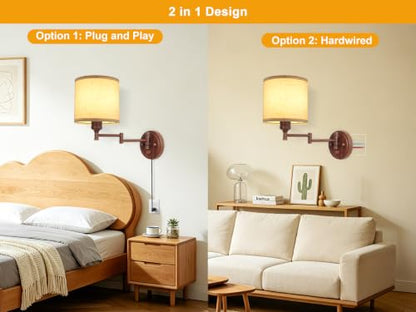 GOODATE Plug in Wall Sconces with Remote Control, Dimming & Adjustable Colors 2700K-6500K, Hardwire or Plug-in, Swing Arm Wall Lamp, Wall Sconces Set of Two, Linen Fabric Shade, Walnut Finish - color: Walnut & Linen
