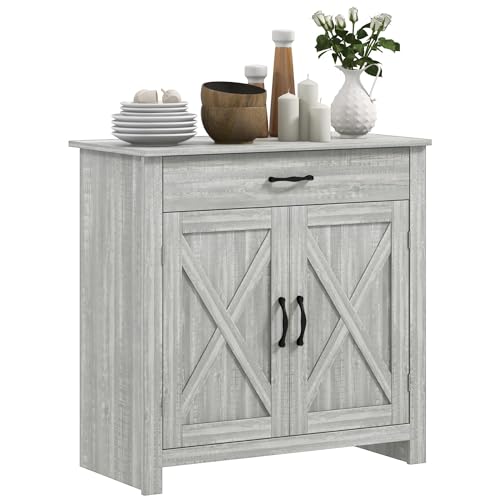 HOMCOM Farmhouse Sideboard Buffet Cabinet Barn Door Gray | Coffee Bar Cabinet, Drawer, Adjustable Shelf, Kitchen, Living Room, Entryway - color: Stone Gray