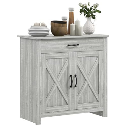 HOMCOM Farmhouse Sideboard Buffet Cabinet Barn Door Gray | Coffee Bar Cabinet, Drawer, Adjustable Shelf, Kitchen, Living Room, Entryway - color: Stone Gray