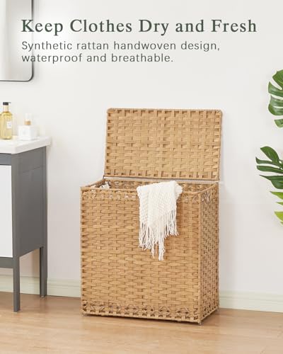SETVSON Laundry Hamper with Lid Wicker Laundry Basket 112L, Natural | Large Family Clothes Sorter Trunk with Lid, 3 Compartment Washable Liners, 6 Mesh Bags, Collapsible Steel Frame - color: Natural, size: 29.6 Gal