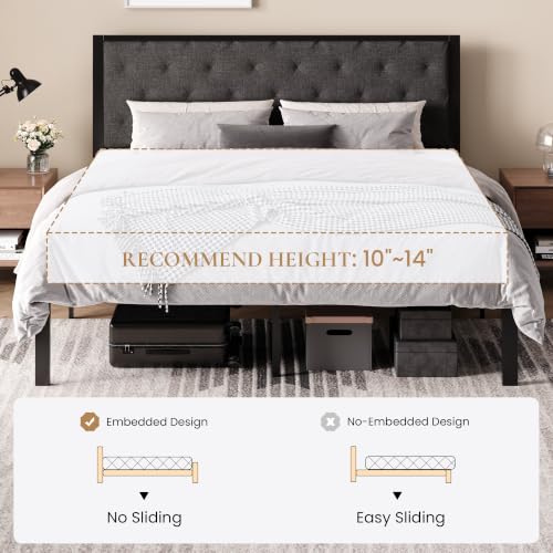 SHA CERLIN King Size Metal Bed Frame with Linen Tufted Headboard, Dark Gray | Modern Design Heavy-Duty Platform Bed, No Box Spring Need, Linen Fabric Upholstery, Noise Free, Easy Assembly - color: Dark Grey, size: King