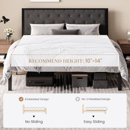 SHA CERLIN King Size Metal Bed Frame with Linen Tufted Headboard, Dark Gray | Modern Design Heavy-Duty Platform Bed, No Box Spring Need, Linen Fabric Upholstery, Noise Free, Easy Assembly - color: Dark Grey, size: King
