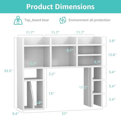 NUTIKAS White Desk Hutch Dorm with Shelves and File Organizer - 37" Wood Desktop Hutch for College Room, Desktop Bookshelf for Computer Desk, Space Saving Bookshelf