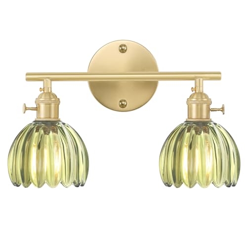 Shenmoyl Bathroom Light Fixtures, 2-Light Brass Vanity wall Light Over Mirror with Green Tulip Glass Shade for Bedroom Living Room (Bulb Not Included) - color: Yellow Gold Base-Green, size: 2-light