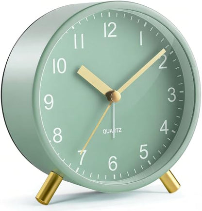 Back to School Silent Analog Quartz Alarm Clock for Kids Bedroom,Night Light, Battery Operated, Fashionable Round Metal - color: Green