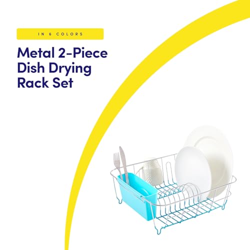 Dish Drying Rack & Cutlery Holder 2 Piece Set - Compact Sink-Fitting Dish Drainer with Rubberized Undercoating, Space-Saving Kitchen Organizer for Plates, Cups, Bowls & Utensils in Sink, Turquoise - color: Turquoise
