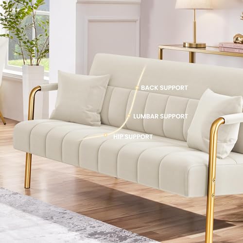 Yaheetech 56.5" Smal Sofa 2 Seater Couch with Gold-Tone Legs, Beige | Small Sofa Loveseat Velve 2 Seater Couch with Tufted Back Gold Metal Frame 2 Pillows for Office, Studio,Living Room - color: Beige, size: 56.5" W