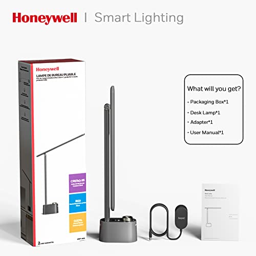 Honeywell LED Desk Lamp, Sunturalux™ Grey Desk Lamps for Home Office USB | Foldable LED desk lamp with USB-C/A charger, RG0 eye-safe, CRI95, stepless dimming 10%-100%, 3 color temps (3000K-5000K) - color: Gray