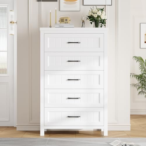 Jocoevol 5 Drawer Dresser for Bedroom - Farmhouse 44.9" Tall Chest of Dresser with Large Storage, Rubst Wood Construction for Living Room, Hallway & Entryway - White - color: White