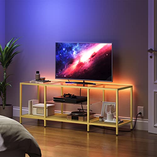 HOOBRO TV Stand with LED Lights and Power Outlets for TVs up to 65", Modern 55 Inch Tempered Glass TV Console Table with Open Shelves, Media Entertainment Center for Living Room, Gold GD145UDS01 - size: 55 Inch