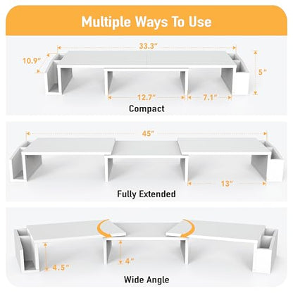 Simple Houseware Desk Dual Monitor Stand Riser with Drawer, White | Customizable Organizer Tray, Built-In Phone & Tablet Slot and Side Storage - color: White