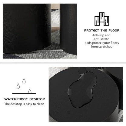 Nesting Coffee Table Set of 2, Modern Round Coffee Table with Non-Slip Feet, Wooden Circle Accent Tables for Small Spaces Living Room Bedroom Balcony Office Drum Side Table (Black) - color: Black
