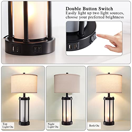 RORIA Set of 2 Modern Table Lamps for Living Room with 2 USB Ports, White Frosted Glass Nightlight for Bedroom, Contemporary Desk Lamps for Nightstand End Table Entryway, 4 Bulbs Included (Black) | 2 USB Ports White Frosted Glass Nightlight for Bedroom, D