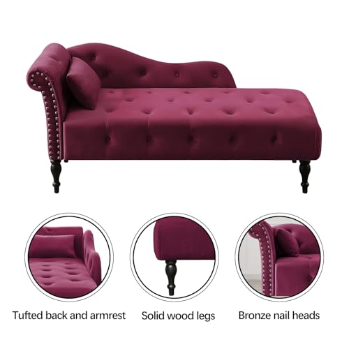 60" Modern Velvet Chaise Lounge Indoor,Upholstered Lounge Chair with Left Armrest and Lumbar Pillow, Button Tufted Lounge Sofa for Living Room Bedroom Office,Mini Chaise Longue Sofa (Claret) - color: Claret