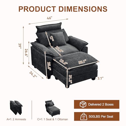 46'' Oversized Chaise Lounge with Ottoman, Cloud Oversized Accent Sofa Chair with Detachable Headrest, Double Thicked Cushion Lounge Armchair for Living Room, Bedroom, Dark Grey - color: Dark Grey, size: Chaise Lounge Chair