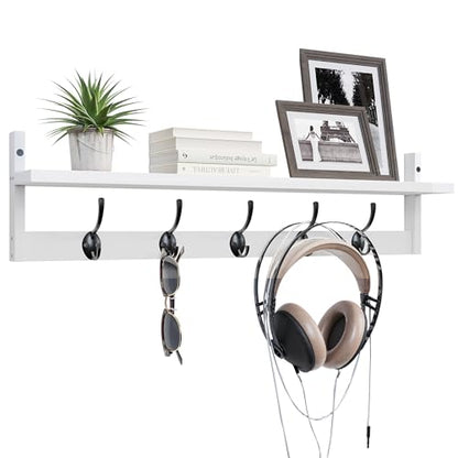 BAMEOS Wall-Mounted Wood Shelf with 5 Dual Hooks for Bathroom, Living Room, Bedroom (White-with Shelf) - style: White-28.9IN with shelf
