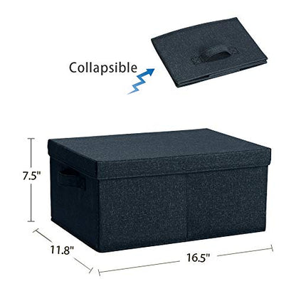 HOONEX Linen Foldable Storage Bins with Lids, 2 Pack, Storage Boxes with Carrying Handles and Sturdy Heavy Cardboard, 16.5" L x 11.8" W x 7.5" H for Shoes, Books, Clothes, Nursery, Dark Grey - color: Dark Grey