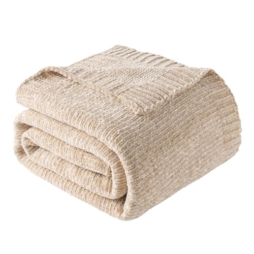 Beige Throw Blanket for Couch, Soft Chenille Throw Blanket 51"x67" | Shiny Oatmeal Chenille Blanket, Breathable & Midweight Knit Throw Blanket, Neutral Throw for Bed Sofa Home Decor - color: Beige