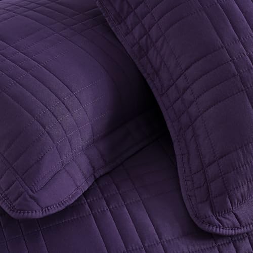 Chezmoi Collection Kingston Queen Size Bedspread Set, 3-Piece Dark Purple Oversized Quilted Microfiber Lightweight Bedspread Coverlet (100"x106") for All Seasons - color: Dark Purple, size: Queen