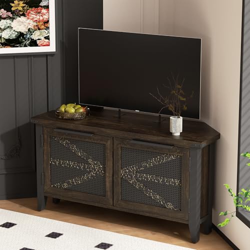 VFK Farmhouse Corner TV Stand for 50 Inch TV, Rustic Entertainment Center with Storage, Space-Saving Media Console Table for Living Room & Bedroom - color: Dark Wood, size: 47.2 * 17.7 * 24.2 inch