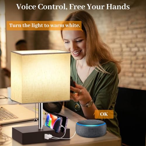 Smart RGB Dimmable Table Lamp Compatible with Alexa&APP&Remote Control, Bedside Desk Lamp with Charging Ports&Outlet&Phone Stand, Music Sync Nightstand Lamp for Bedroom Living Room Office Dorm, Beige | Bedside Desk Lamp with Charging Ports&Outlet&Phone St