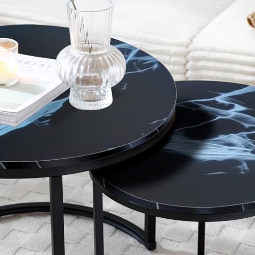 24" Marble Pattern Accent Side Table, Modern Nesting Side Tables with Metal Frame, Space-Saving Nesting Coffee Table Set for Living Room Apartment, Black - color: Black