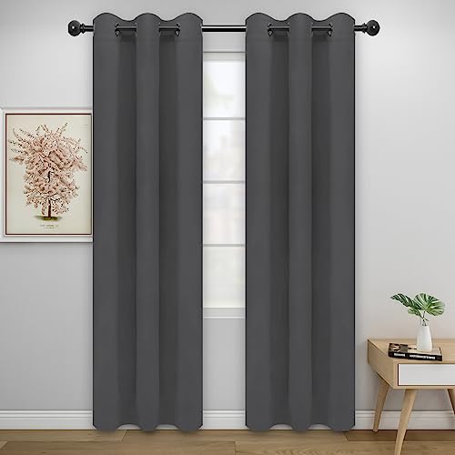 Easy-Going Blackout Curtains for Bedroom, Solid Thermal Insulated Grommet and Noise Reduction Window Drapes, Room Darkening Curtains for Living Room, 2 Panels (34x72 in, Gray) | Washable Grommet Top Window Drapes for Bedroom and Living Room, Noise Reducti