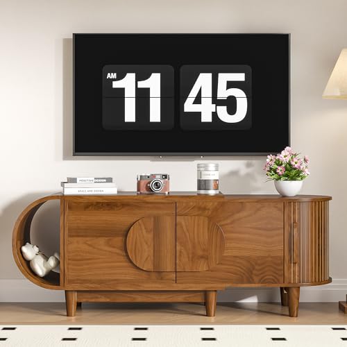 Small Extendable TV Stand for 40-75 Inches TVs, Entertainment Center | Media Console Table with Storage, 3 Cabinets, for Living Room & Bedroom, Modern, Mid Century, Walnut, 46.85" W-66.93" W