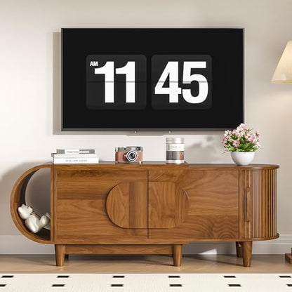 Small Extendable TV Stand for 40-75 Inches TVs, Entertainment Center | Media Console Table with Storage, 3 Cabinets, for Living Room & Bedroom, Modern, Mid Century, Walnut, 46.85" W-66.93" W