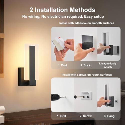 KARTOOSH Battery Operated Modern Wall Sconce Set of Two, Black | Rechargeable Wireless Wall Light with Remote Control, Dimmable 3 CCT, Timer, Night Mode, for Hallway, Bedroom, Living Room - color: Black