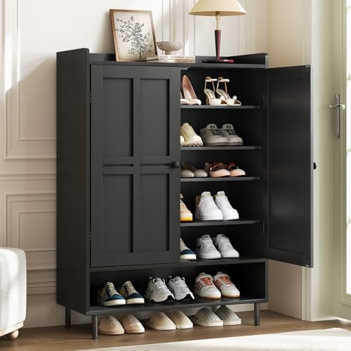 Shoe Cabinet with Cross Molding Doors, 6-Tier Storage, Black | 45'' Tall Shoe Storage Organizer with 3 Adjustable Shelves & Metal Legs, Freestanding Wood Shoe Rack for Entryway, Front Door - color: Black